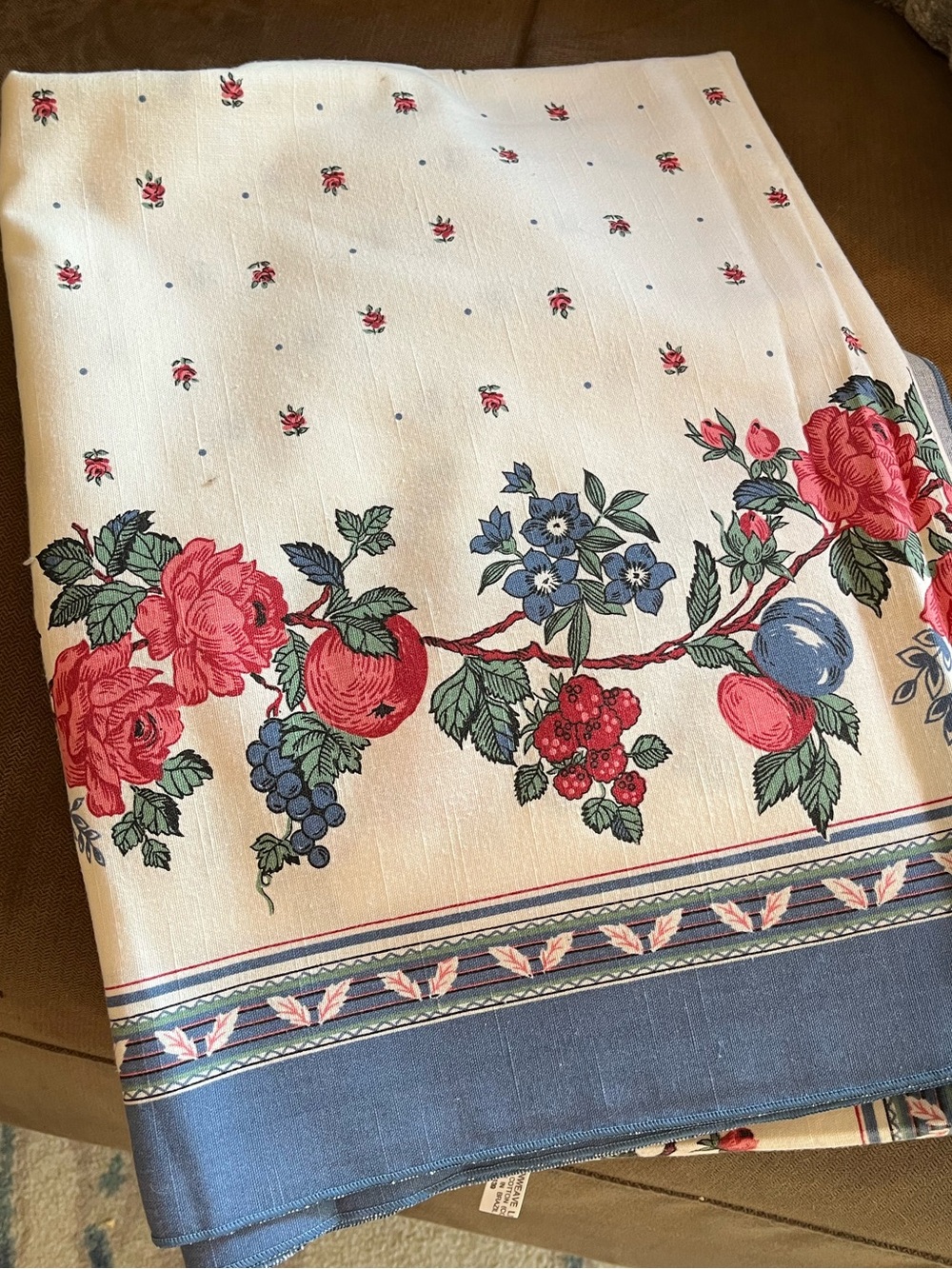 Sunweave Floral Fruit Border Cotton Blend Tablecloth - White with Red & Blue